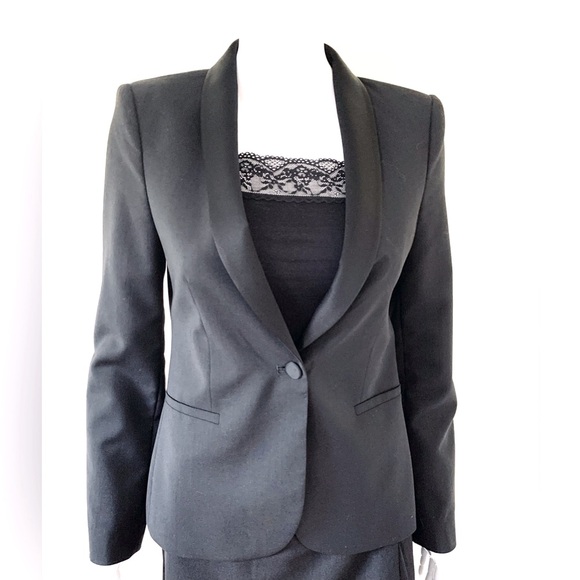 Zara black tuxedo style 100% fine wool blazer shiny black satin collar US Small - Picture 2 of 16